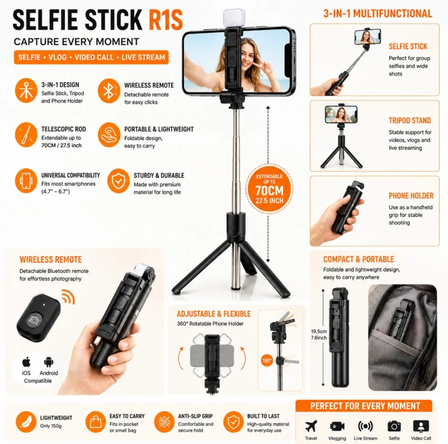 R1-L Selfie Stick Tripod with LED Fill Light