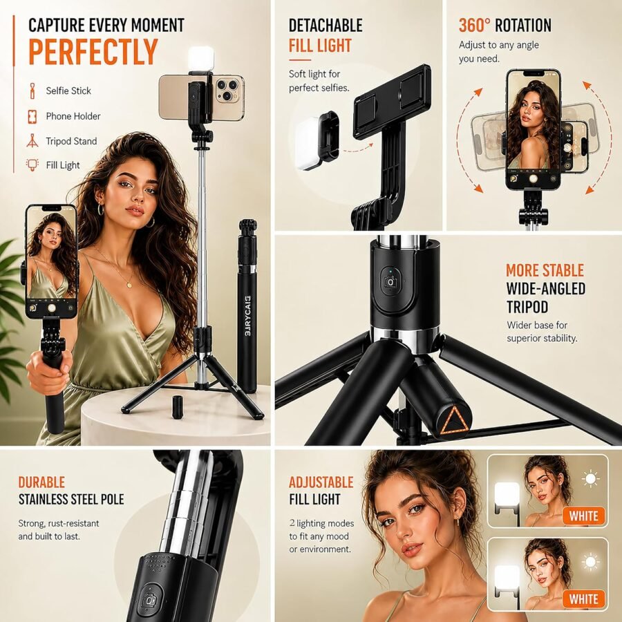 R1S-L All-in-One Selfie Stick Tripod with Fill Light